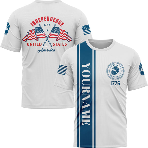 Custom White American Flag Military Rank Name Independence Day T-Shirt