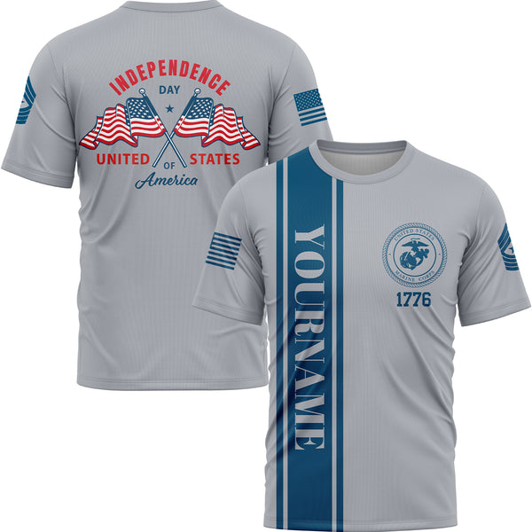 Custom Grey American Flag Military Rank Name Independence Day T-Shirt