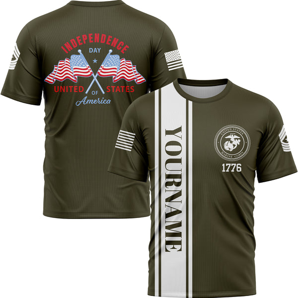 Custom Olive American Flag Military Rank Name Independence Day T-Shirt