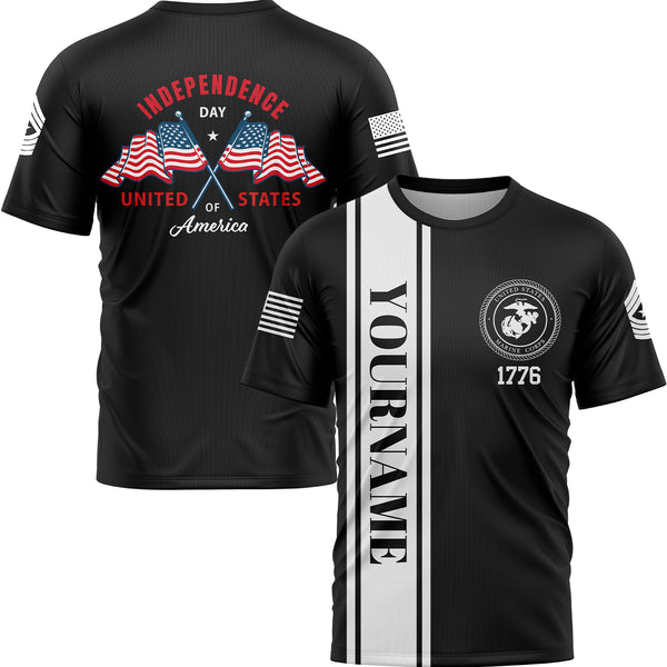 Custom Black American Flag Military Rank Name Independence Day T-Shirt