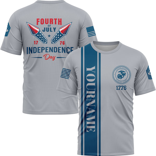 Custom Grey Fourth Of July Military Rank Name Independence Day T-Shirt