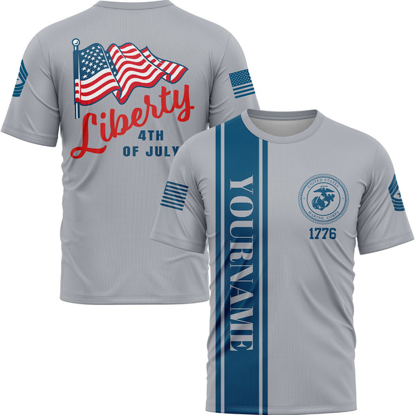Custom Grey American Flag Military Rank Name Independence Day T-Shirt