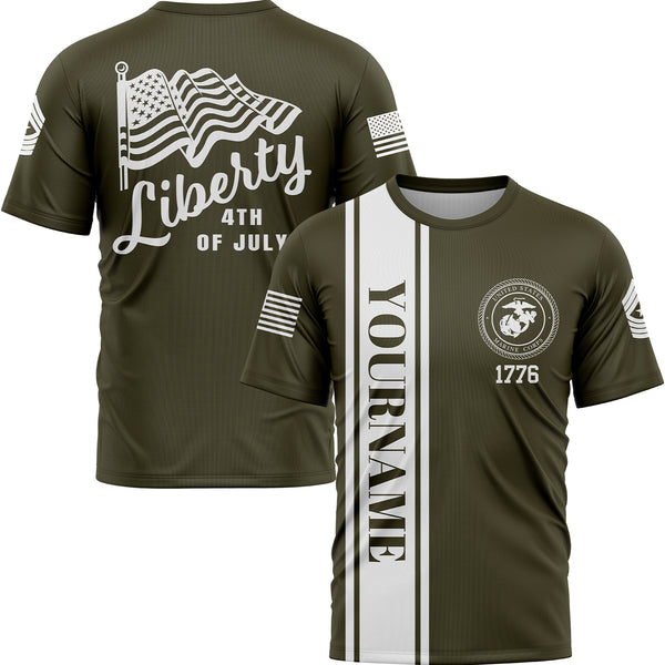 Custom Olive American Flag Military Rank Name Independence Day T-Shirt