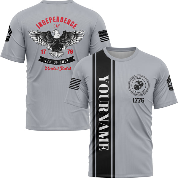 Custom Grey 1776 Eagle Military Rank Name Independence Day T-Shirt
