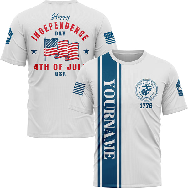 Custom White 4th Of July American Flag Military Rank Name Independence Day T-Shirt