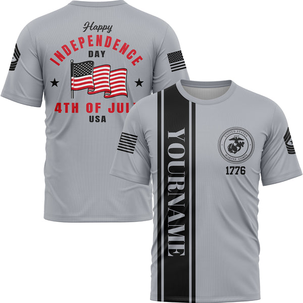 Custom Grey 4th Of July American Flag Military Rank Name Independence Day T-Shirt