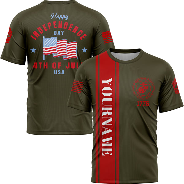 Custom Olive 4th Of July American Flag Military Rank Name Independence Day T-Shirt