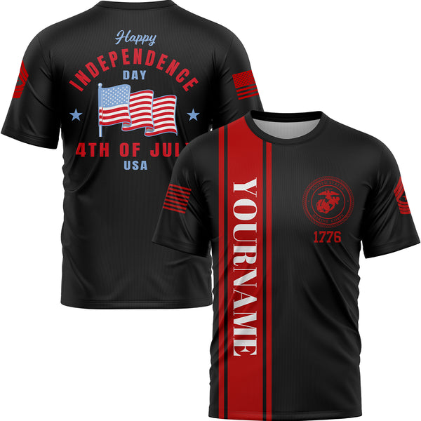 Custom Black 4th Of July American Flag Military Rank Name Independence Day T-Shirt