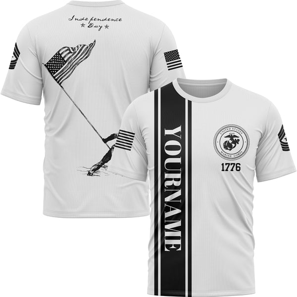 Custom White American Flag Military Rank Name Independence Day T-Shirt