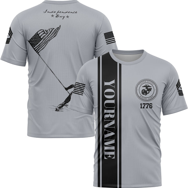 Custom Grey American Flag Military Rank Name Independence Day T-Shirt