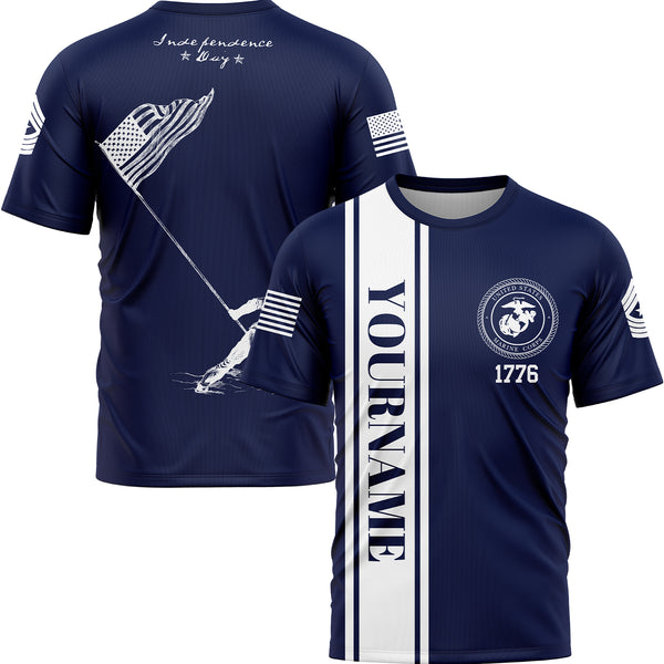Custom Navy American Flag Military Rank Name Independence Day T-Shirt