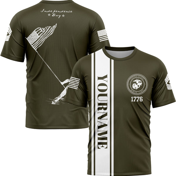 Custom Olive American Flag Military Rank Name Independence Day T-Shirt