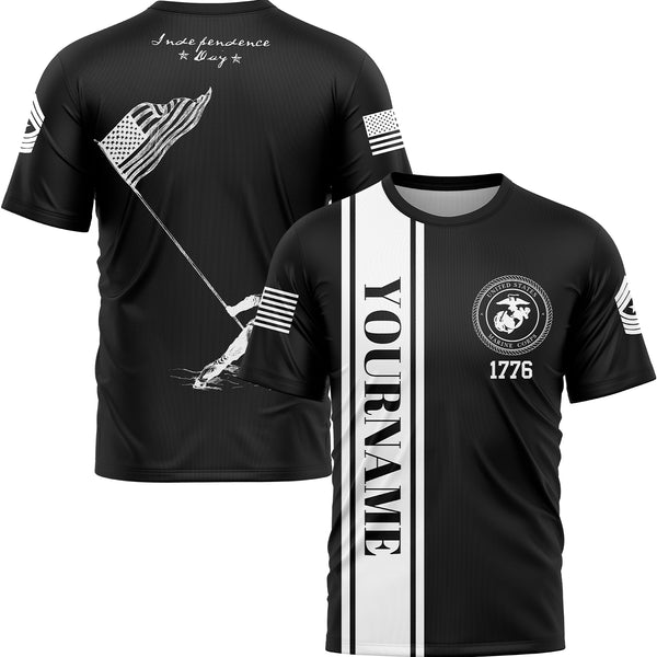 Custom Black American Flag Military Rank Name Independence Day T-Shirt