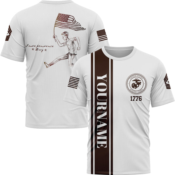 Custom White American Flag Military Rank Name Independence Day T-Shirt