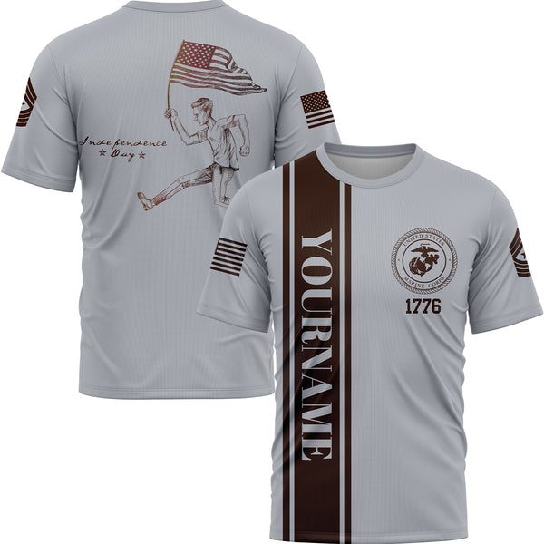 Custom Grey American Flag Military Rank Name Independence Day T-Shirt