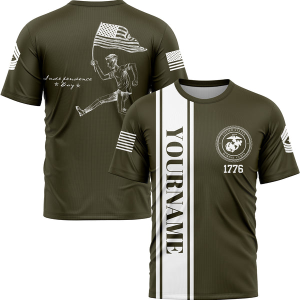 Custom Olive American Flag Military Rank Name Independence Day T-Shirt