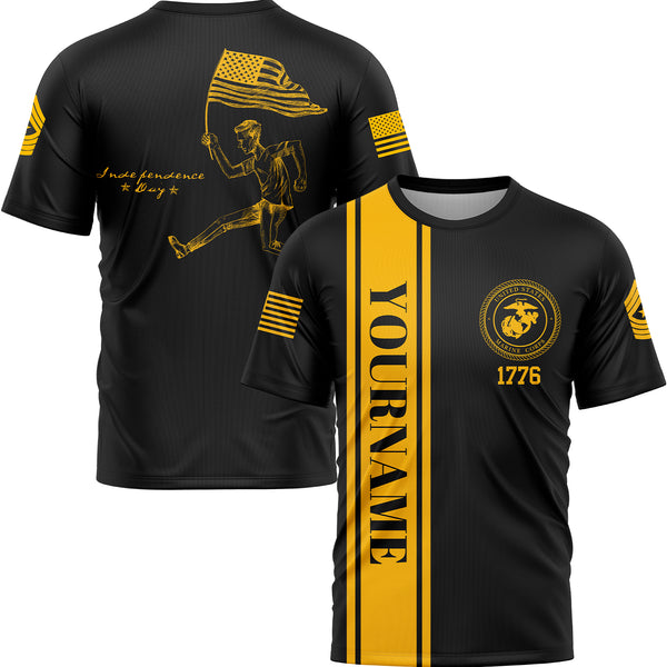 Custom Black American Flag Military Rank Name Independence Day T-Shirt