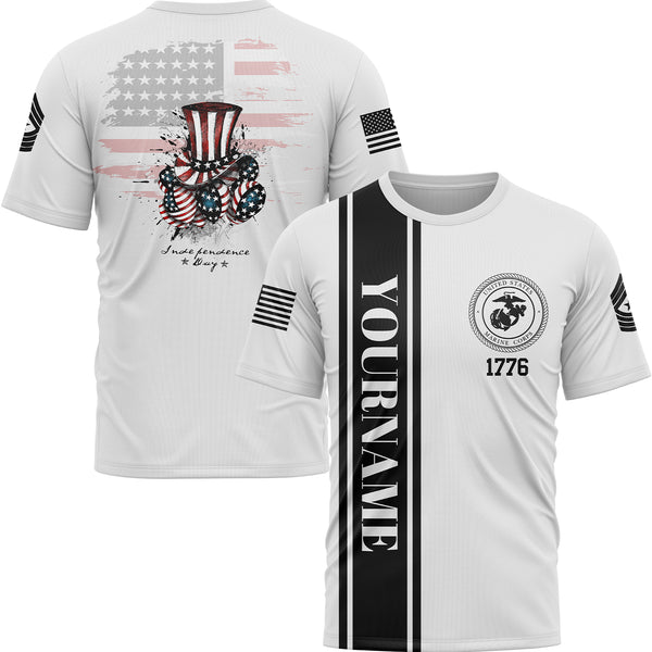 Custom White Magic Hat American Flag Military Rank Name Independence Day T-Shirt