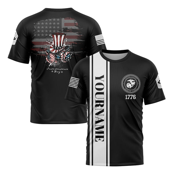 Custom Black Magic Hat American Flag Military Rank Name Independence Day T-Shirt