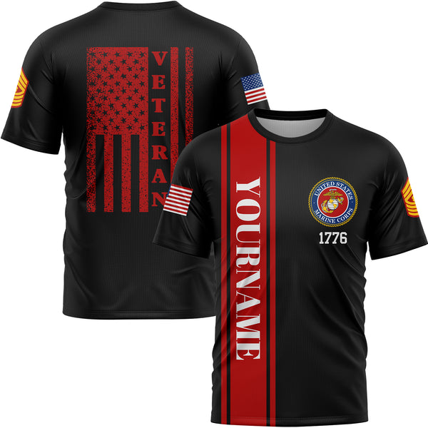 Custom Black 1776 American Flag Military Rank Name Veterans Day T-Shirt
