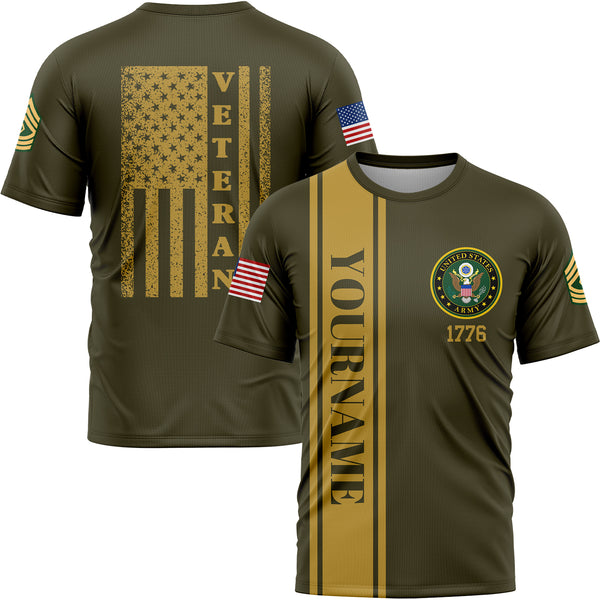 Custom Olive 1776 American Flag Military Rank Name Veterans Day T-Shirt