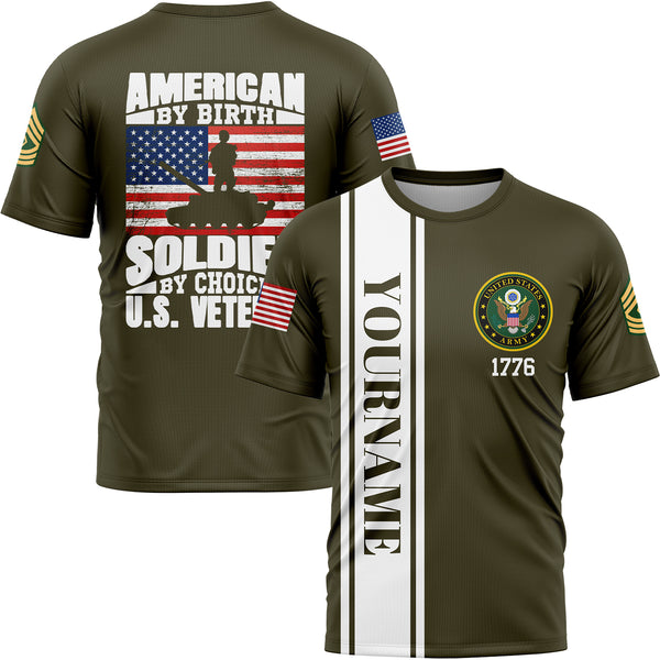 Custom Olive American By Birth Soldier By Choice 1776 Military Rank Name Veterans Day T-Shirt