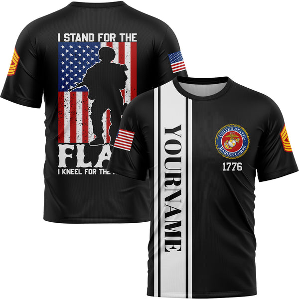 Custom Black I Stand For Flag I Kneel For The Fallen 1776 Military Rank Name Veterans Day T-Shirt