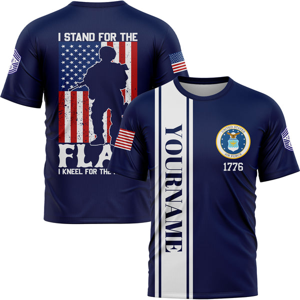 Custom Navy I Stand For Flag I Kneel For The Fallen 1776 Military Rank Name Veterans Day T-Shirt