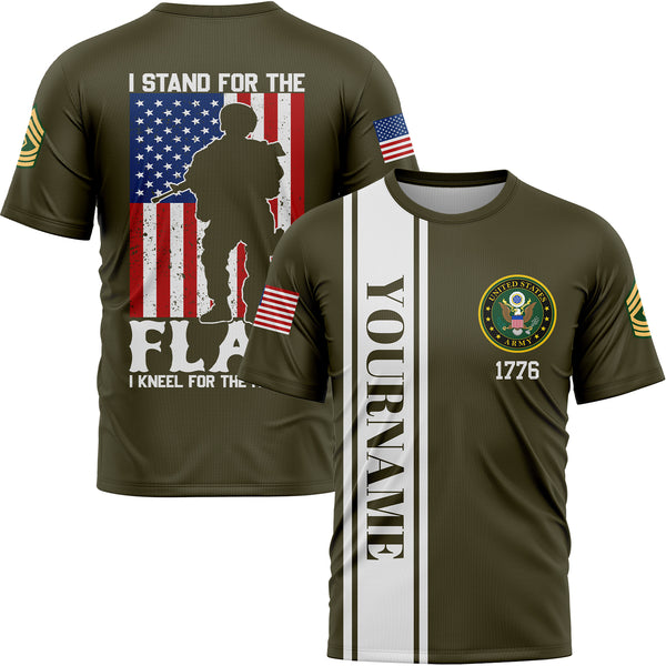 Custom Olive I Stand For Flag I Kneel For The Fallen 1776 Military Rank Name Veterans Day T-Shirt