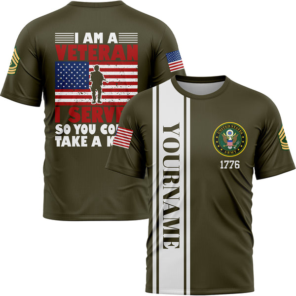 Custom Olive I'M A Veteran I Served So You Could Take A Knee 1776 Flag Military Rank Name Veterans Day T-Shirt