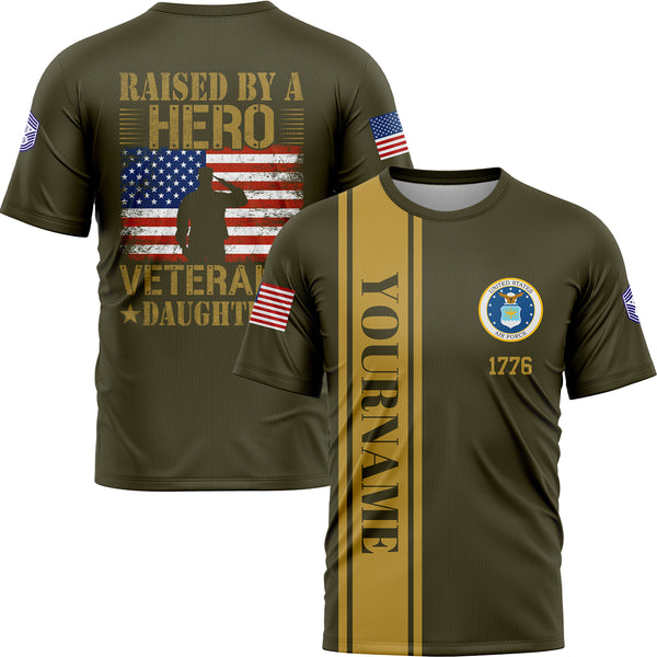 Custom Olive Raised By A Hero 1776 Flag U.S Air Force Military Rank Name Veterans Day T-Shirt | Father's Day Gifts