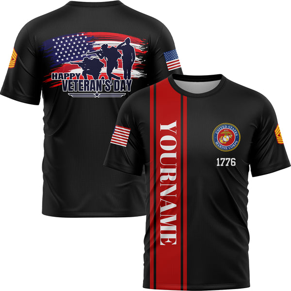 Custom Black 1776 Flag U.S Marine Corps Military Rank Name Veterans Day T-Shirt | Father's Day Gifts