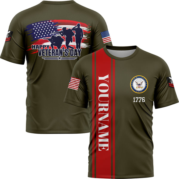 Custom Olive 1776 Flag U.S Navy Military Rank Name Veterans Day T-Shirt | Father's Day Gifts