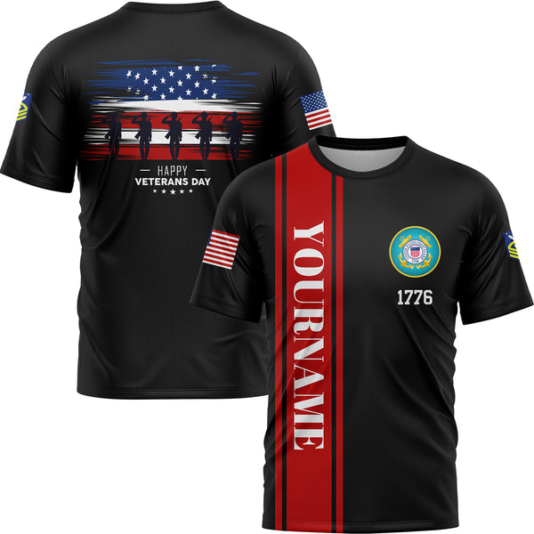 Custom Black 1776 Flag U.S Coast Guard Military Rank Name Veterans Day T-Shirt | Father's Day Gifts