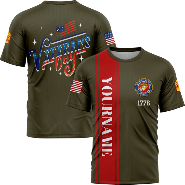 Custom Olive 1776 Flag U.S Marine Corps Military Rank Name Veterans Day T-Shirt | Father's Day Gifts