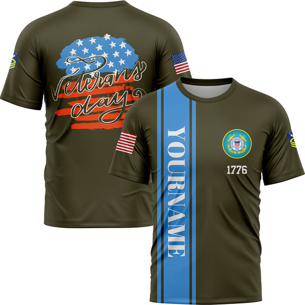 Custom Olive 1776 Flag U.S Coast Guard Military Rank Name Veterans Day T-Shirt | Father's Day Gifts