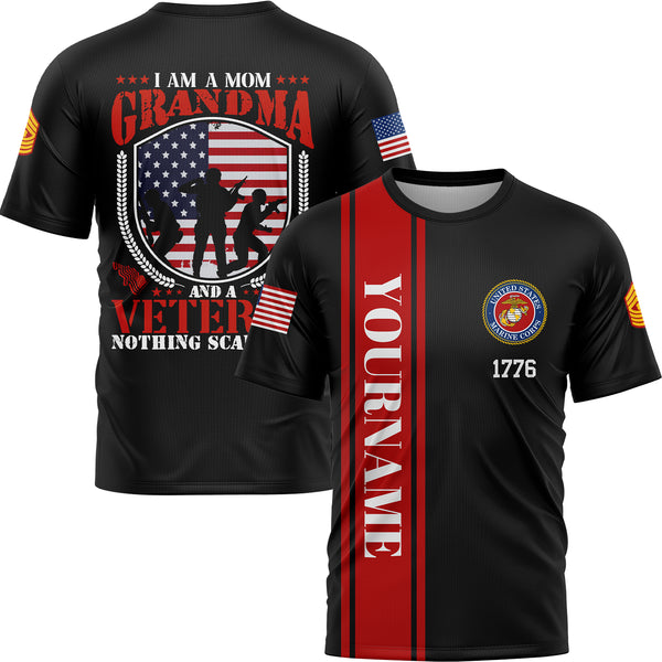 Custom Black I'm A Mom Grandma 1776 Flag U.S Marine Corps Military Rank Name Veterans Day T-Shirt | Father's Day Gifts