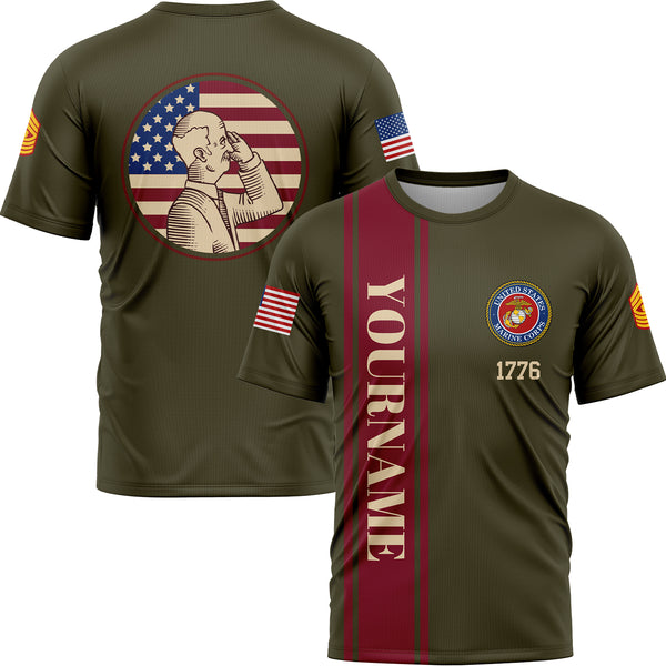 Custom Olive 1776 Flag U.S Marine Corps Military Rank Name Veterans Day T-Shirt | Father's Day Gifts