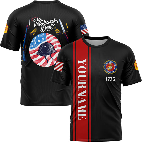 Custom Black Helmet 1776 Flag U.S Marine Corps Military Rank Name Veterans Day T-Shirt | Father's Day Gifts