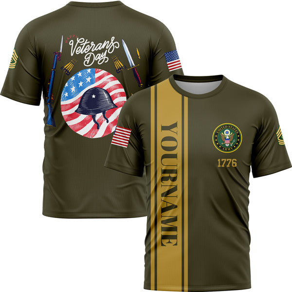 Custom Olive Helmet 1776 Flag U.S Army Military Rank Name Veterans Day T-Shirt | Father's Day Gifts
