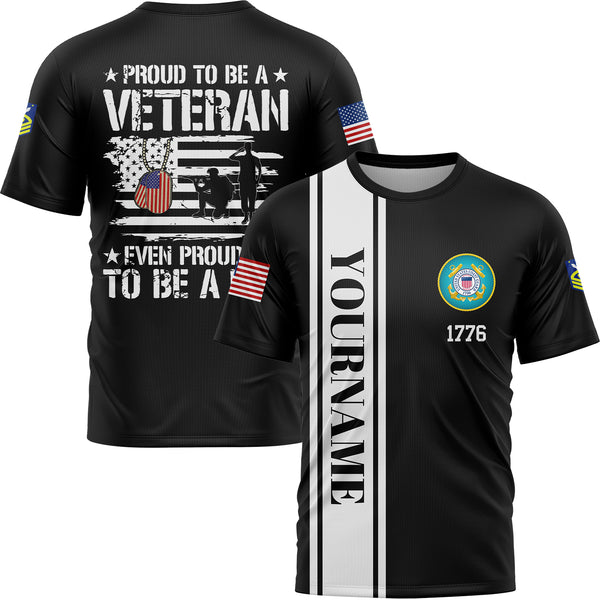 Custom Black Proud To Be A Veteran Even Prouder To Be A Dad 1776 Flag U.S Coast Guard Military Rank Name Veterans Day T-Shirt | Father's Day Gifts