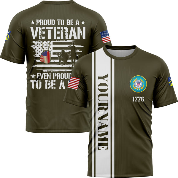 Custom Olive Proud To Be A Veteran Even Prouder To Be A Dad 1776 Flag U.S Coast Guard Military Rank Name Veterans Day T-Shirt | Father's Day Gifts