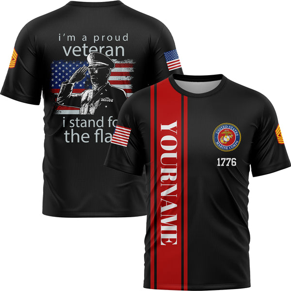Custom Black I'm A Proud Veteran I Stand For The Flag 1776 Flag U.S Marine Corps Military Rank Name Veterans Day T-Shirt | Father's Day Gifts