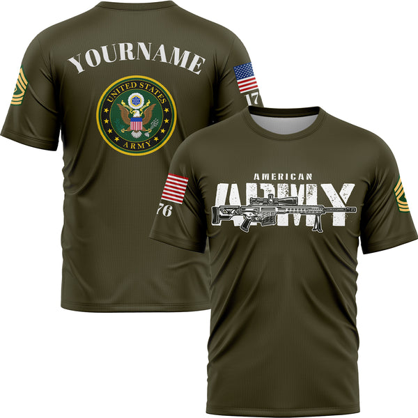 Custom Olive Barrett 1776 American Flag U.S Army Military Rank Name T-Shirt