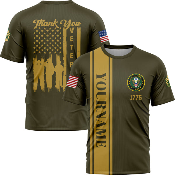 Custom Olive Thank You Veterans 1776 Flag U.S Army Military Rank Name Veterans Day T-Shirt | Father's Day Gifts