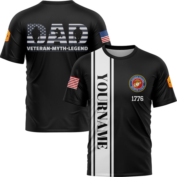 Custom Black Dad Veteran Myth Legend 1776 Flag U.S Marine Corps Military Rank Name Veterans Day T-Shirt | Father's Day Gifts