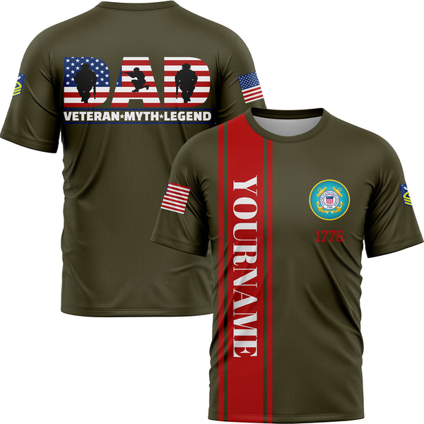Custom Olive Dad Veteran Myth Legend 1776 Flag U.S Coast Guard Military Rank Name Veterans Day T-Shirt | Father's Day Gifts