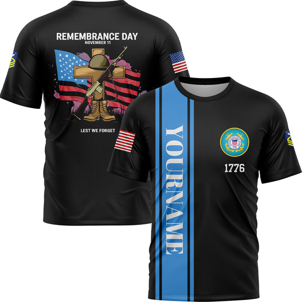 Custom Black Remembrance Day November 11 Lest We Forget 1776 American Flag U.S Coast Guard Military Rank Name Memorial Day T-Shirt