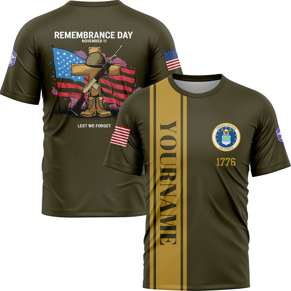 Custom Olive Remembrance Day November 11 Lest We Forget 1776 American Flag U.S Air Force Military Rank Name Memorial Day Day T-Shirt