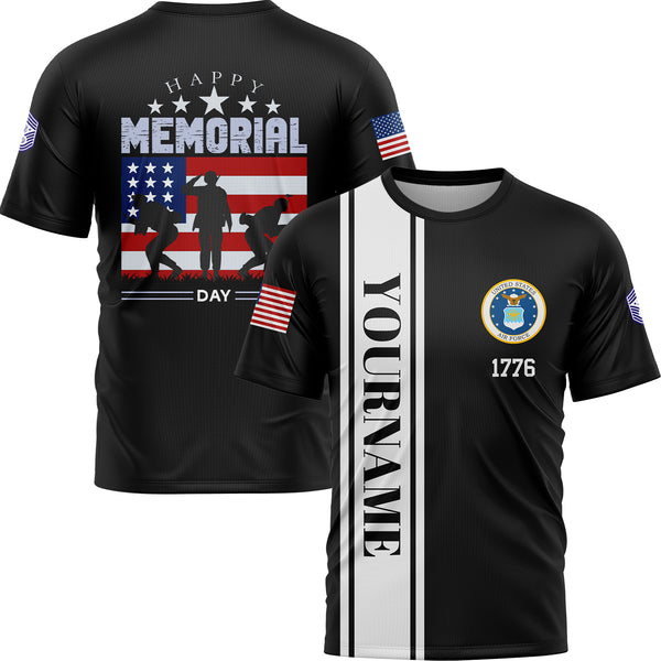Custom Black 1776 American Flag U.S Air Force Military Rank Name Memorial Day T-Shirt